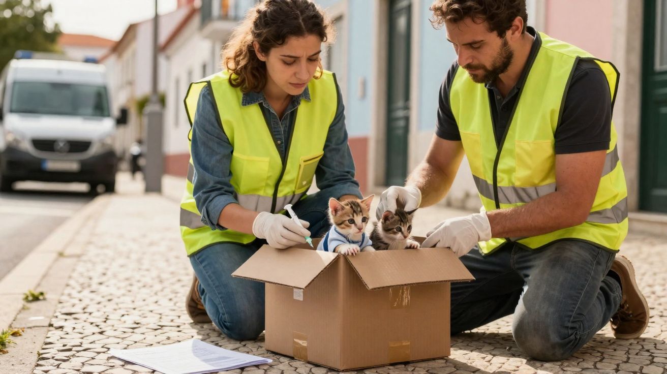 Duas pessoas com coletes amarelos cuidam de gatinhos dentro de uma caixa de cartão numa calçada.