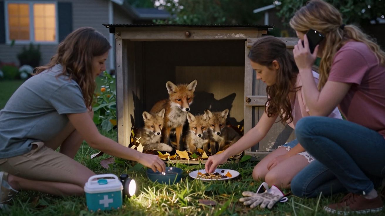 Três mulheres alimentam quatro raposas jovens dentro de um abrigo em jardim ao entardecer.