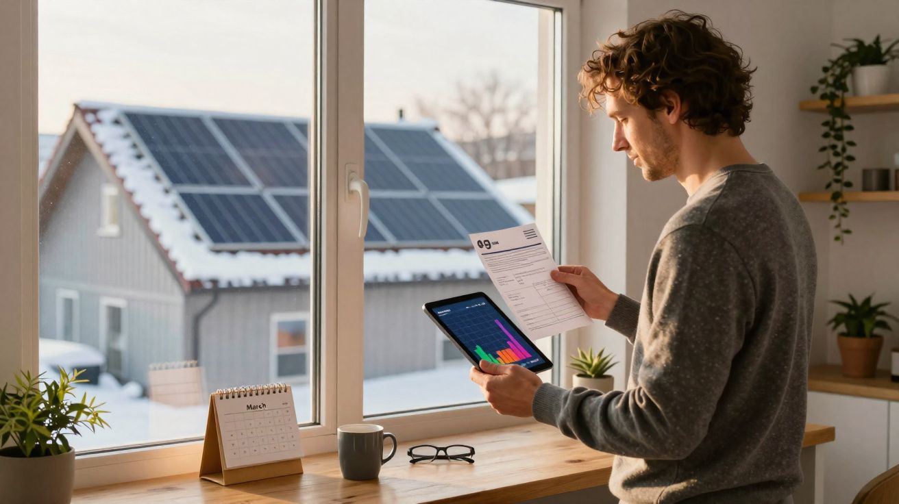 Homem analisa conta e gráfico de consumo energético com painel solar visível pela janela.