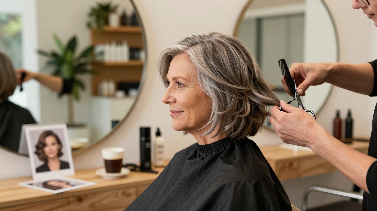 Mulher de cabelo grisalho a receber corte de cabelo num salão, sentada com capa preta e espelho atrás.